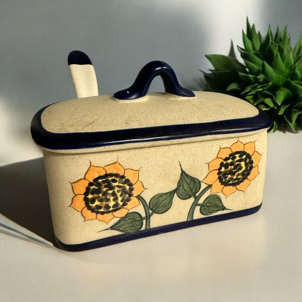 Veracruz Mexican‎ Pottery Lidded Sugar Mustard Jam Spoon HandPainted Sunflowers